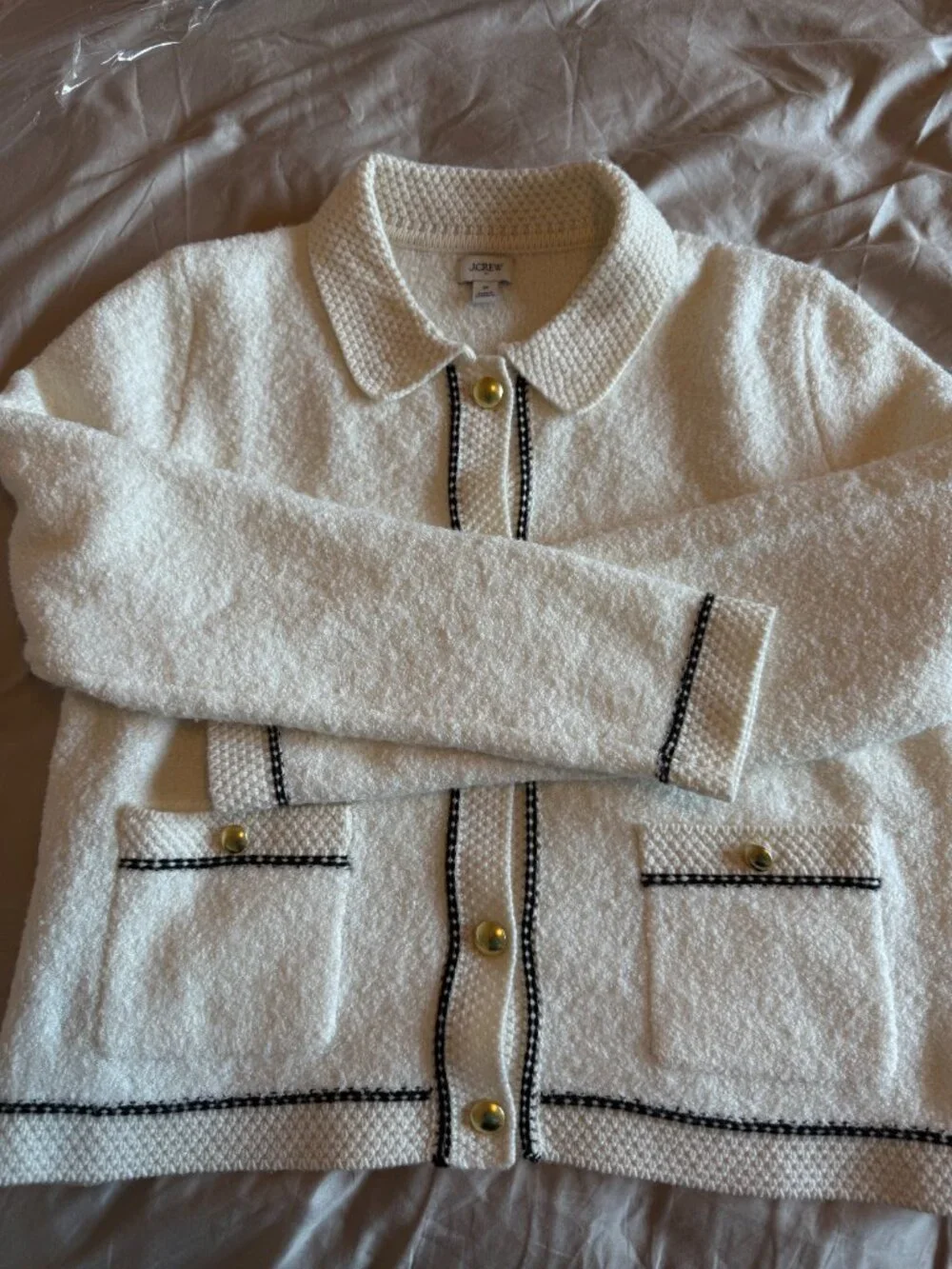 J Crew Sweater Jacket Cardigan Crocheted Collar Contrast Stitching Off White M